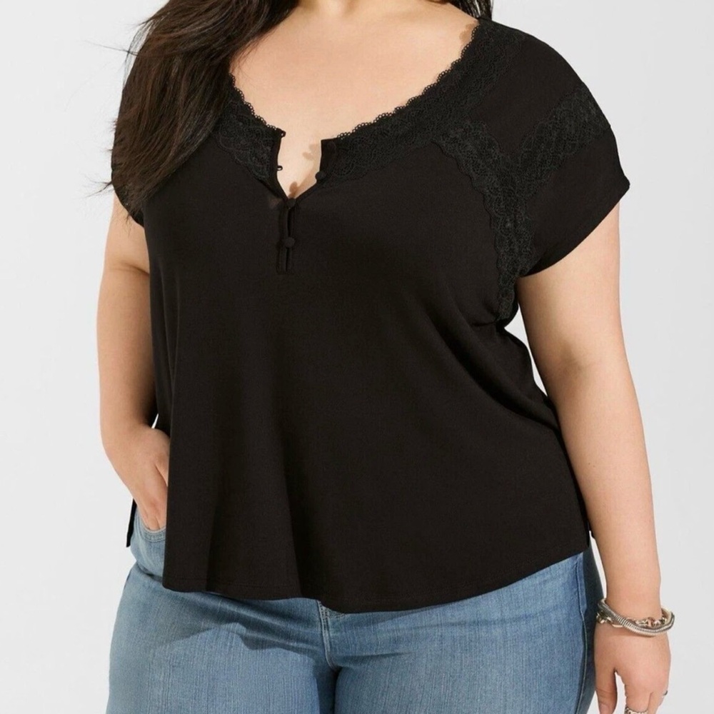 Torrid Black Super Soft Jersey Dolman Henley Lace Top